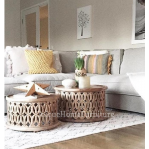 Indian Coffee Table Round Vintage Furniture Set 2 Side End Tables Antique Solid Wood - Image 5