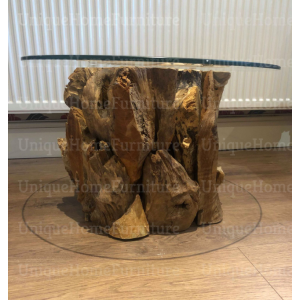 Teak Root Coffee Table Rustic Solid Wood Vintage Round Glass Side End Art Deco Furniture - Image 5