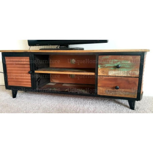 Retro TV Stand Vintage Industrial Cabinet Rustic Solid Wood Unit Media Storage Shelf - Image 5