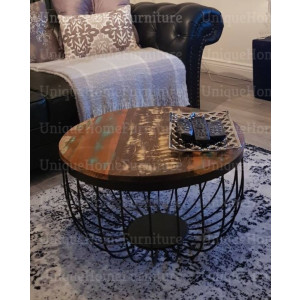 Industrial Coffee Table Vintage Handmade Rustic Solid Wood Metal Round Furniture - Image 5