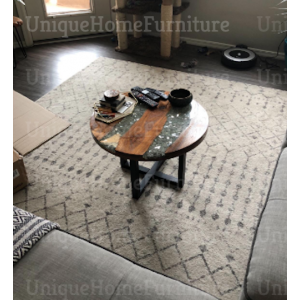 River Coffee Table Vintage Industrial Furniture Handmade Round Resin Glass Solid Teak Wood - Image 5