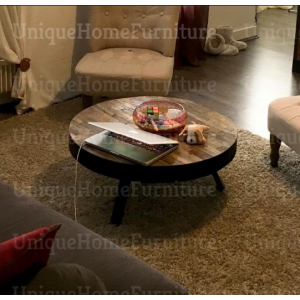 Industrial Coffee Table Round Vintage Furniture Handmade Rustic Metal Solid Wood - Image 4