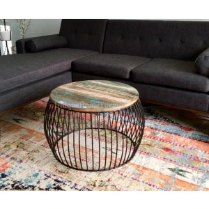 Industrial Round Coffee Table Vintage Retro Furniture Urban Style Metal Solid Rustic Wood