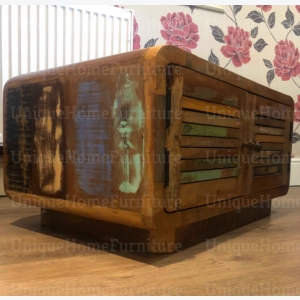 Vintage Coffee Table Industrial Storage Unit Retro 2 Door Cupboard Rustic Solid Wood Furniture - Image 2