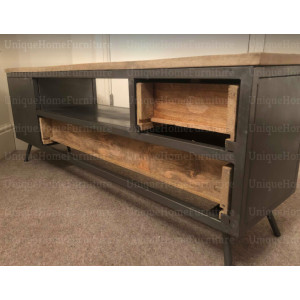 Metal TV Stand Industrial Storage Cabinet Vintage Retro Lowboard Wooden Media Unit Drawers - Image 6