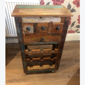 Industrial Wine Cabinet Vintage Storage Rack Rustic Solid Wood Unit 4 Wheels Drinks Trolley Cart - Image 5