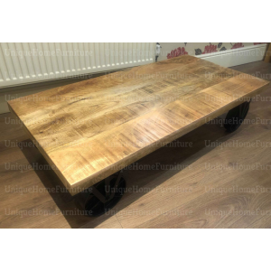 Coffee Table On Wheels Vintage Industrial Furniture Handmade Rustic Solid Wood Large Metal Cart - Image 4