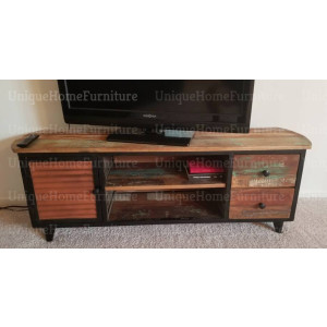 Retro TV Stand Vintage Industrial Cabinet Rustic Solid Wood Unit Media Storage Shelf - Image 4
