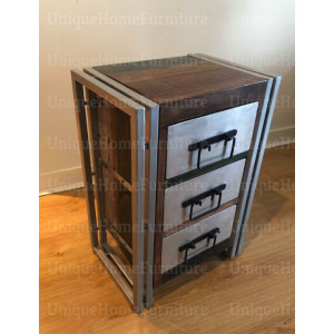 Industrial Bedside Table Vintage Storage Cabinet Rustic Solid Wood Tallboy Metal Unit - Image 4