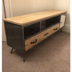 Metal TV Stand Industrial Storage Cabinet Vintage Retro Lowboard Wooden Media Unit Drawers - Image 3