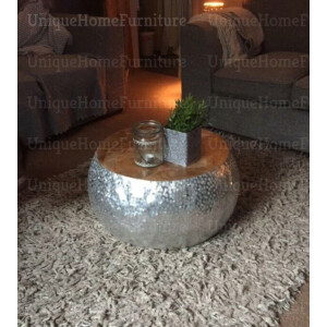Industrial Coffee Table Round Vintage Furniture Rustic Solid Wood Top Retro Metal Unit - Image 3