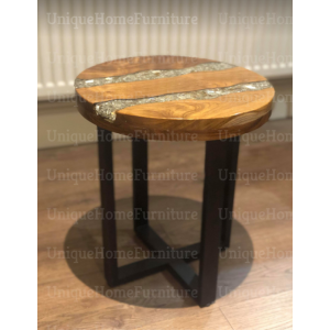 Round Side Table Vintage Industrial End Small Solid Wood Crushed Glass Stand - Image 5