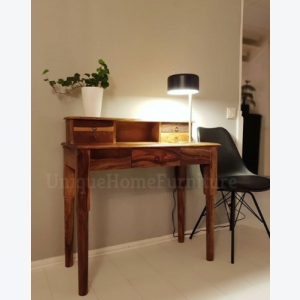 Mid Century Writing Desk Vintage Danish Console Computer Table Rustic Solid Wood Bureau - Image 2