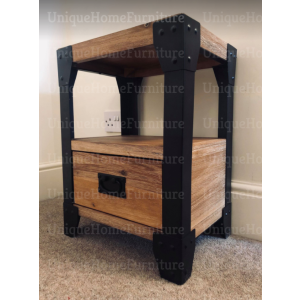 Industrial Bedside Table Vintage Retro Nightstand Rustic Metal Solid Wood Side Cabinet - Image 3