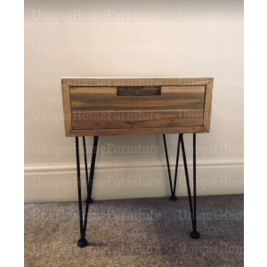 Industrial Bedside Table Solid Teak Wood Rustic Side End Cabinet Vintage Metal Hairpin Legs - Image 6
