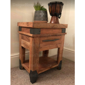 Industrial Side Table Vintage Retro End Cabinet Rustic Solid Wood Small Storage Drawer Shelf Unit - Image 4