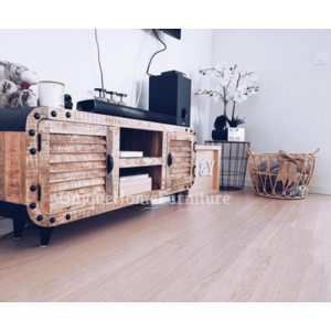 Industrial TV Stand Vintage Storage Unit Rustic Solid Wood Metal Leg Media Cabinet - Image 3
