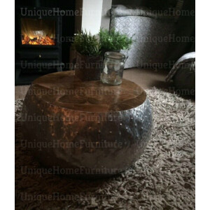 Industrial Coffee Table Round Vintage Furniture Rustic Solid Wood Top Retro Metal Unit - Image 4