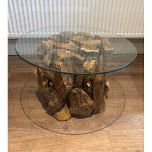 Teak Root Coffee Table Rustic Solid Wood Vintage Round Glass Side End Art Deco Furniture - Image 6