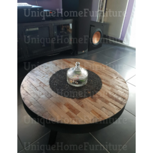 Industrial Coffee Table Round Vintage Furniture Handmade Rustic Metal Solid Wood - Image 3