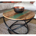 Industrial Coffee Table Vintage Round Rustic Solid Wood Metal Handmade Furniture