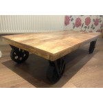 Coffee Table On Wheels Vintage Industrial Furniture Handmade Rustic Solid Wood Large Metal Cart