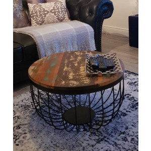 Industrial Coffee Table Vintage Handmade Rustic Solid Wood Metal Round Furniture - Image 6