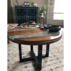 River Coffee Table Vintage Industrial Furniture Handmade Round Resin Glass Solid Teak Wood - Image 7