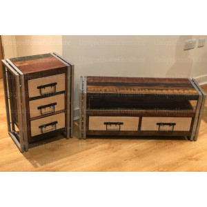 Industrial TV Stand Vintage Cabinet Rustic Metal Solid Wood Unit Small Media Storage Shelf - Image 4