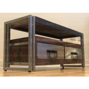Industrial TV Stand Vintage Cabinet Rustic Metal Solid Wood Unit Small Media Storage Shelf - Image 2