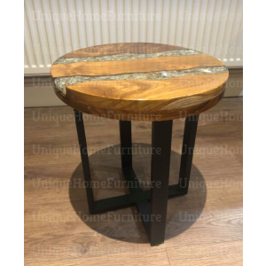 Round Side Table Vintage Industrial End Small Solid Wood Crushed Glass Stand - Image 4