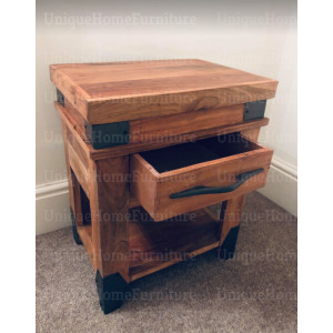 Industrial Side Table Vintage Retro End Cabinet Rustic Solid Wood Small Storage Drawer Shelf Unit - Image 3