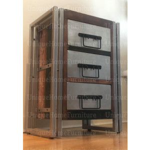 Industrial Bedside Table Vintage Storage Cabinet Rustic Solid Wood Tallboy Metal Unit - Image 3