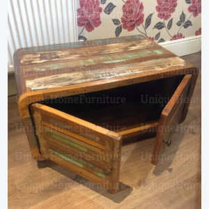Vintage Coffee Table Industrial Storage Unit Retro 2 Door Cupboard Rustic Solid Wood Furniture - Image 5