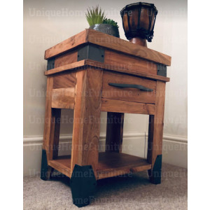 Industrial Side Table Vintage Retro End Cabinet Rustic Solid Wood Small Storage Drawer Shelf Unit - Image 2