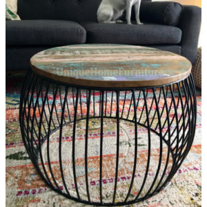 Industrial Round Coffee Table Vintage Retro Furniture Urban Style Metal Solid Rustic Wood - Image 4
