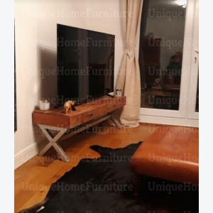 Industrial Style TV Stand Vintage Retro Furniture Metal Media Storage Cabinet 2 Drawers - Image 4