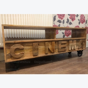 Industrial TV Unit Vintage Retro Stand Cinema Style Media Cabinet Rustic Solid Wood Furniture - Image 2