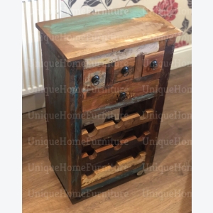 Industrial Wine Cabinet Vintage Storage Rack Rustic Solid Wood Unit 4 Wheels Drinks Trolley Cart - Image 2