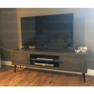 Industrial TV Unit Dark Grey Furniture Vintage Storage Stand Rustic Solid Wood Shelf Media Cabinet - Image 4