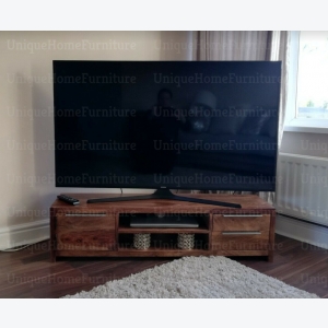 Rustic TV Stand Solid Sheesham Wood Indian Media Unit Vintage Industrial Cabinet Storage Unit - Image 3