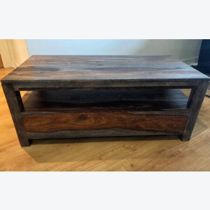 Rustic Grey TV Stand Solid Sheesham Wood Media Cabinet Vintage Industrial Style Shelf 2 Drawers Unit - Image 5