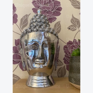 Buddha Home Decor Large Head Ornament Indoor Statue Metal Silver Sculpture - Image 2
