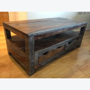Rustic Grey TV Stand Solid Sheesham Wood Media Cabinet Vintage Industrial Style Shelf 2 Drawers Unit - Image 4