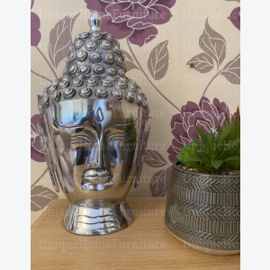 Buddha Home Decor Large Head Ornament Indoor Statue Metal Silver Sculpture - Image 4