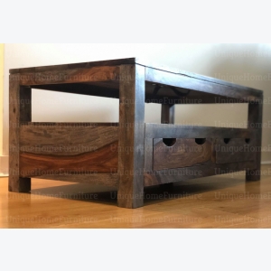 Rustic Grey TV Stand Solid Sheesham Wood Media Cabinet Vintage Industrial Style Shelf 2 Drawers Unit - Image 2