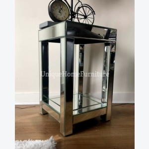 Small Mirrored Side Table Venetian Glass Furniture Square Plant Lamp Stand Modern End Storage Shelf - Image 3