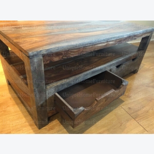 Rustic Grey TV Stand Solid Sheesham Wood Media Cabinet Vintage Industrial Style Shelf 2 Drawers Unit - Image 3