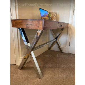 Industrial Computer Desk Metal Study Office Vintage Writing Table Modern Wood Drawer - Image 3