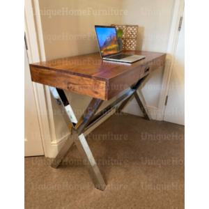 Industrial Computer Desk Metal Study Office Vintage Writing Table Modern Wood Drawer - Image 4